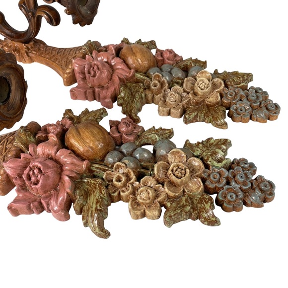 Vintage MCM Wall Hanging Candle Holder Cottagecore 1960s Fruit Floral Syroco Set - Picture 13 of 16